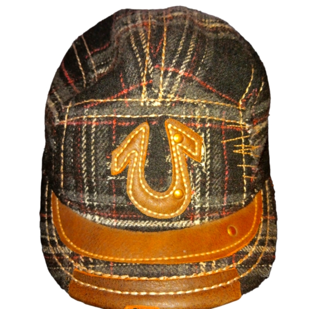 True Religion Hat Cap Plaid Flannel Leather Buddha Logo Adjustable Snap Sides